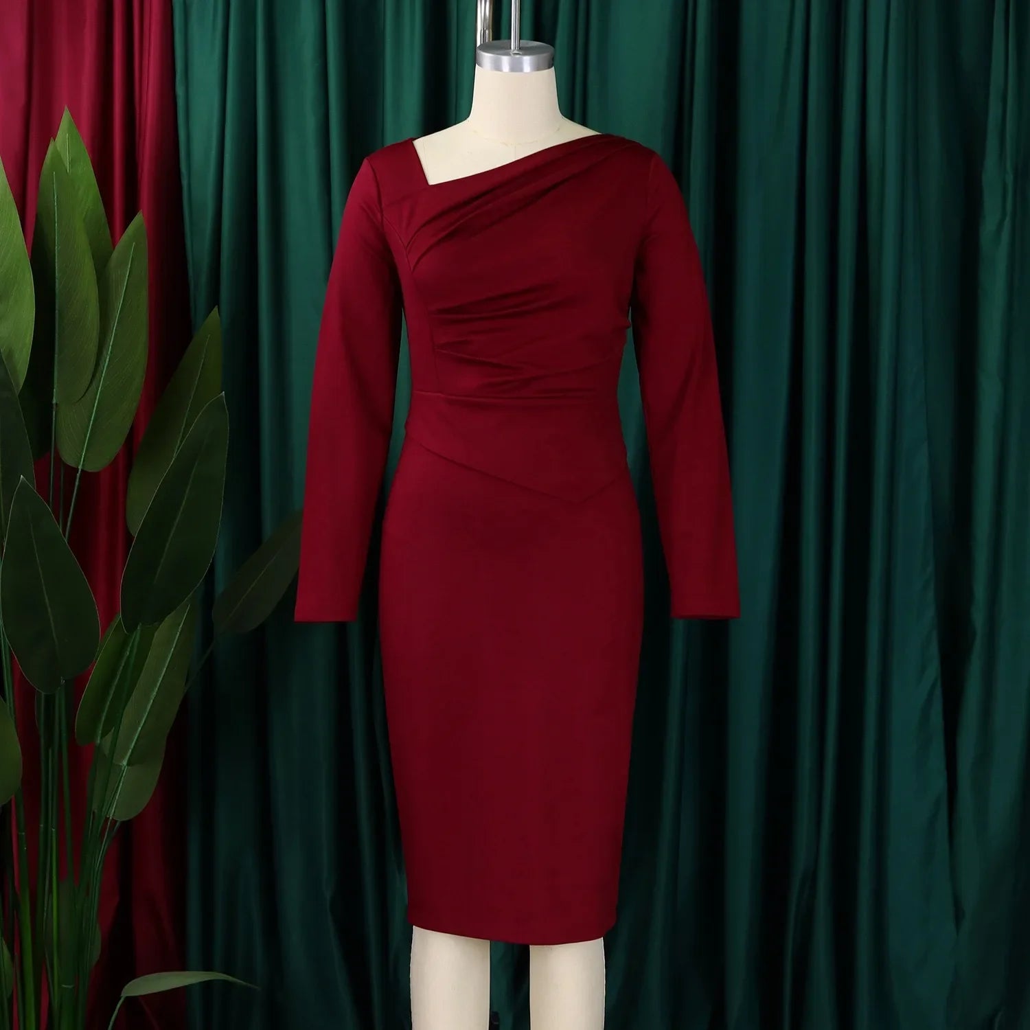 Professional Midi Office Dress for Women with Long Sleeves