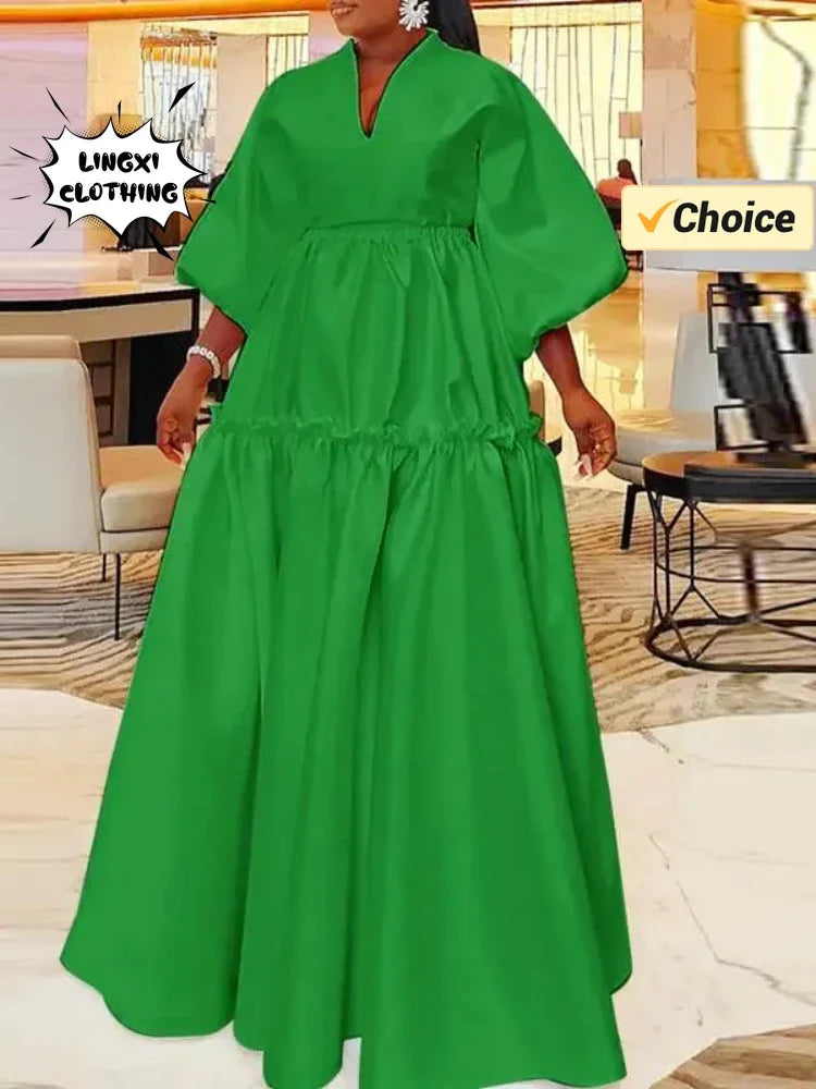 Womens V Neck Long Dress Solid Color Summer Loose Fit