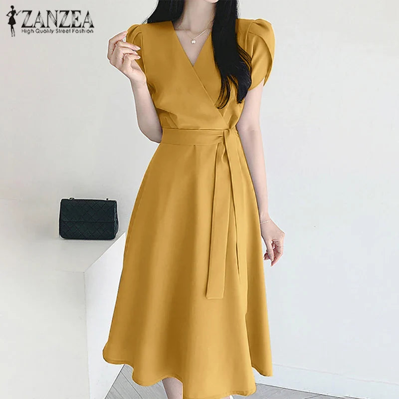 V Neck Midi Dress For Women Solid Cap Sleeve A Line