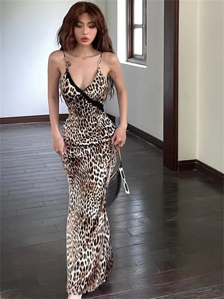 Leopard Print Slip Dress V Neck Sleeveless Party Dress