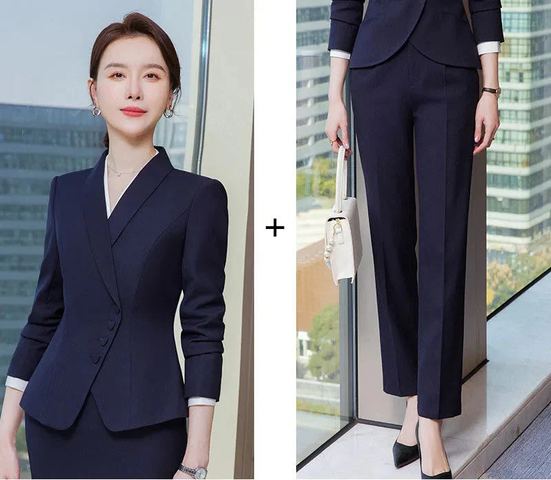 Ladies Formal Pant Suit Set with Blazer and Trousers for Professional Business Attire, Stylish Autumn Winter Women's Work Wear Outfit