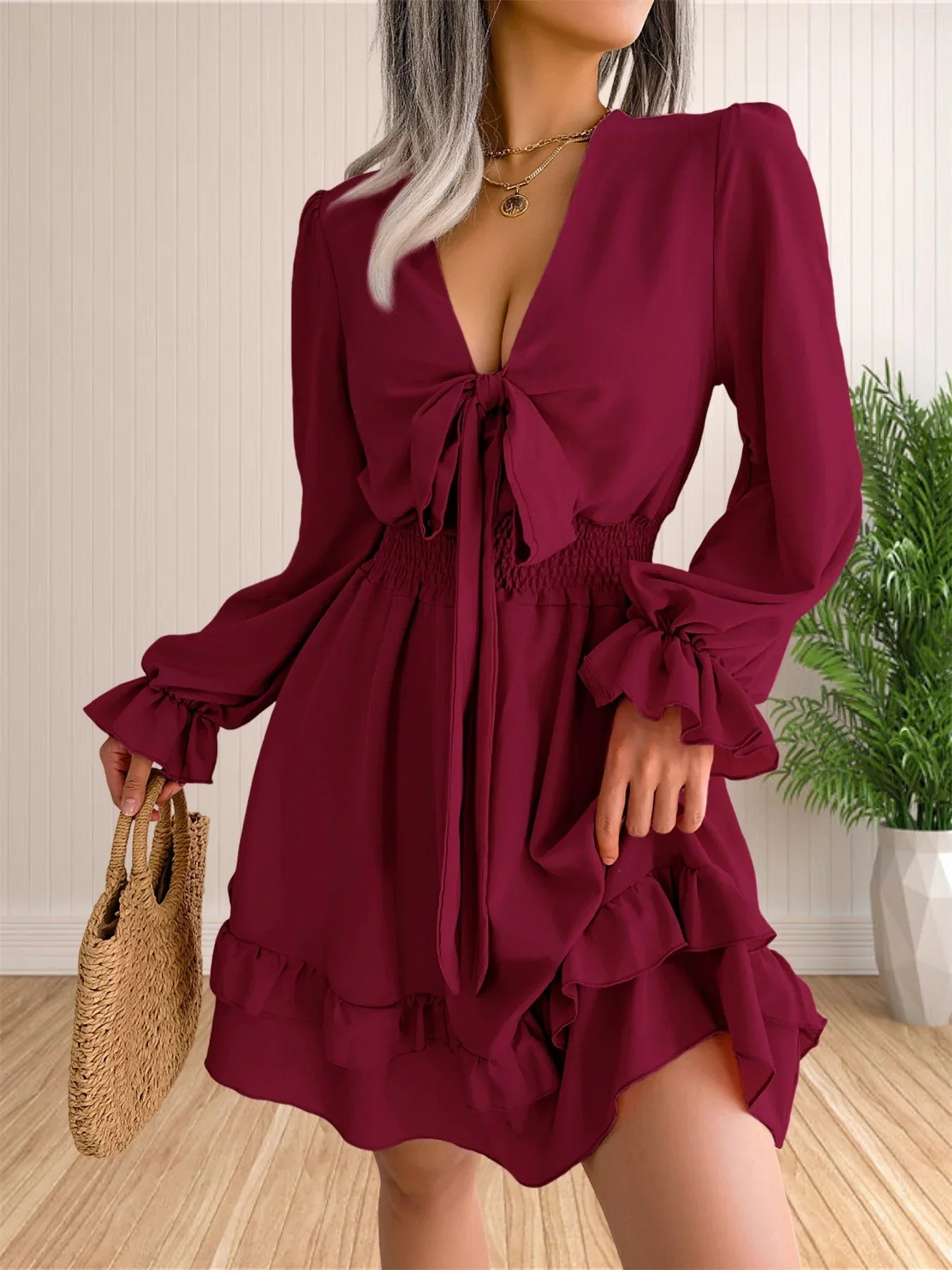 Womens V Neck Knot Front Smocked Waist Tiered Skater Dress