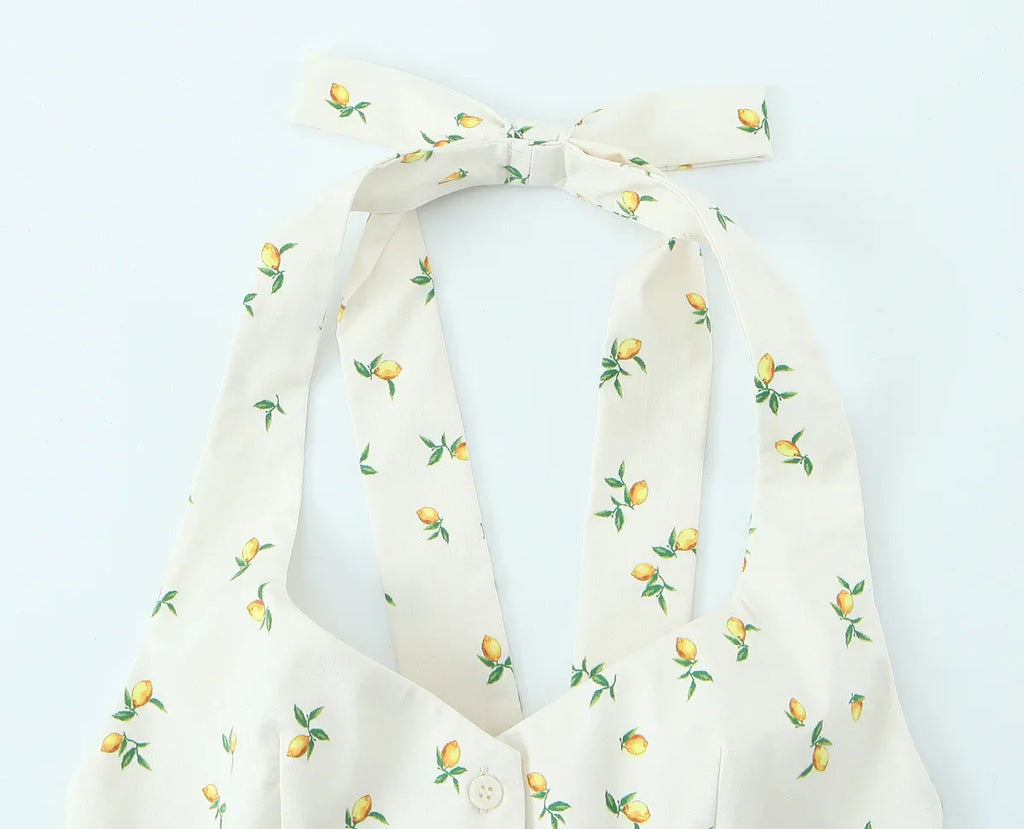 Casual Summer Two Piece Skirt Set for Women Lemon Print Backless Hanging Collar Tank Top with A-Line Mini Skirt Sleeveless Short Top