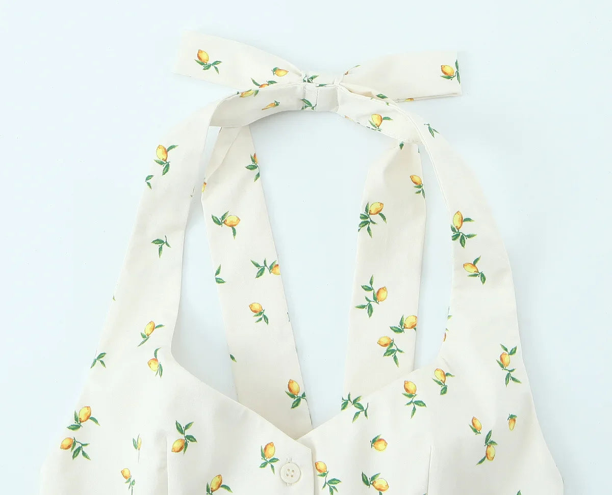 Casual Summer Two Piece Skirt Set for Women Lemon Print Backless Hanging Collar Tank Top with A-Line Mini Skirt Sleeveless Short Top