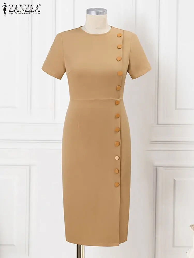 Elegant Women Midi Dress Solid Color Short Sleeve Casual