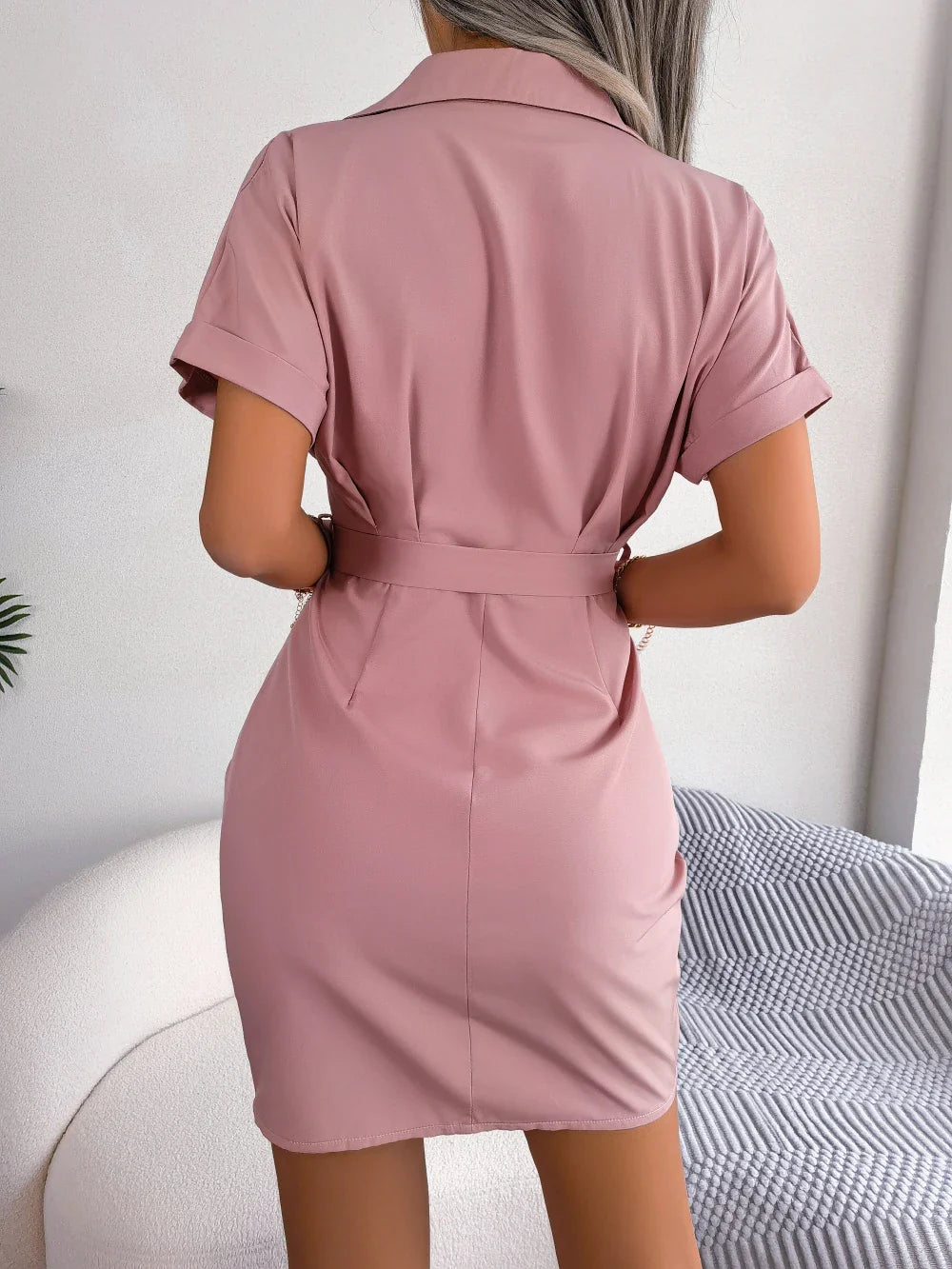 Women Summer Short Sleeve Pleated Button Front Pencil Dress