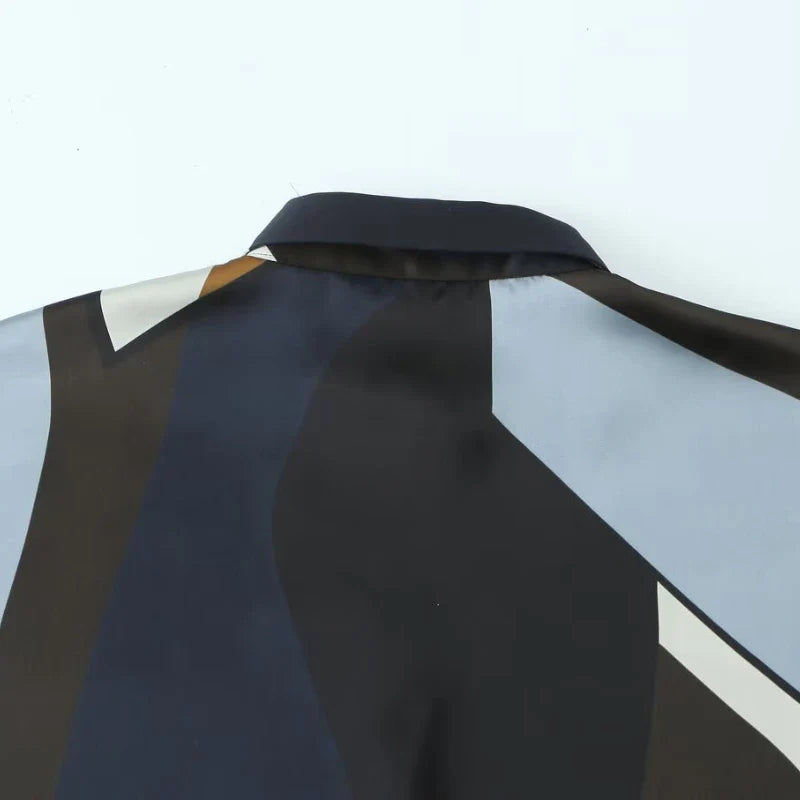 Women's Satin Printed Lapel Shirt Long Sleeve Hidden Button Slim Fit Casual Chic Top for Spring and Summer