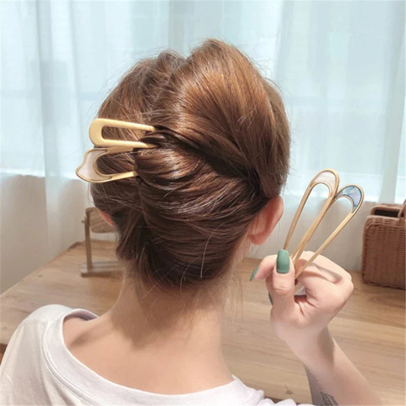 Elegant U Shape Hair Stick for Women in Silver and Gold Color with Shell Enamel Design