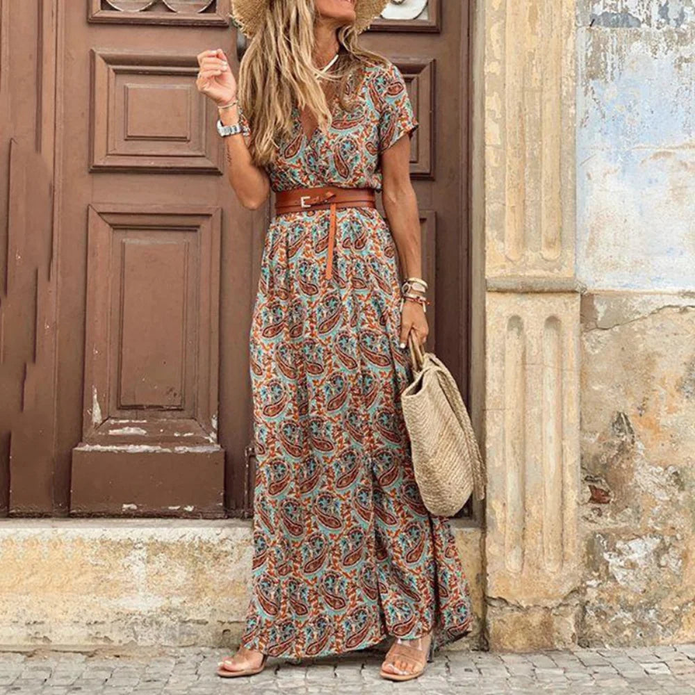 V Neck Midi Dress With Slit Retro Vintage Print Belted