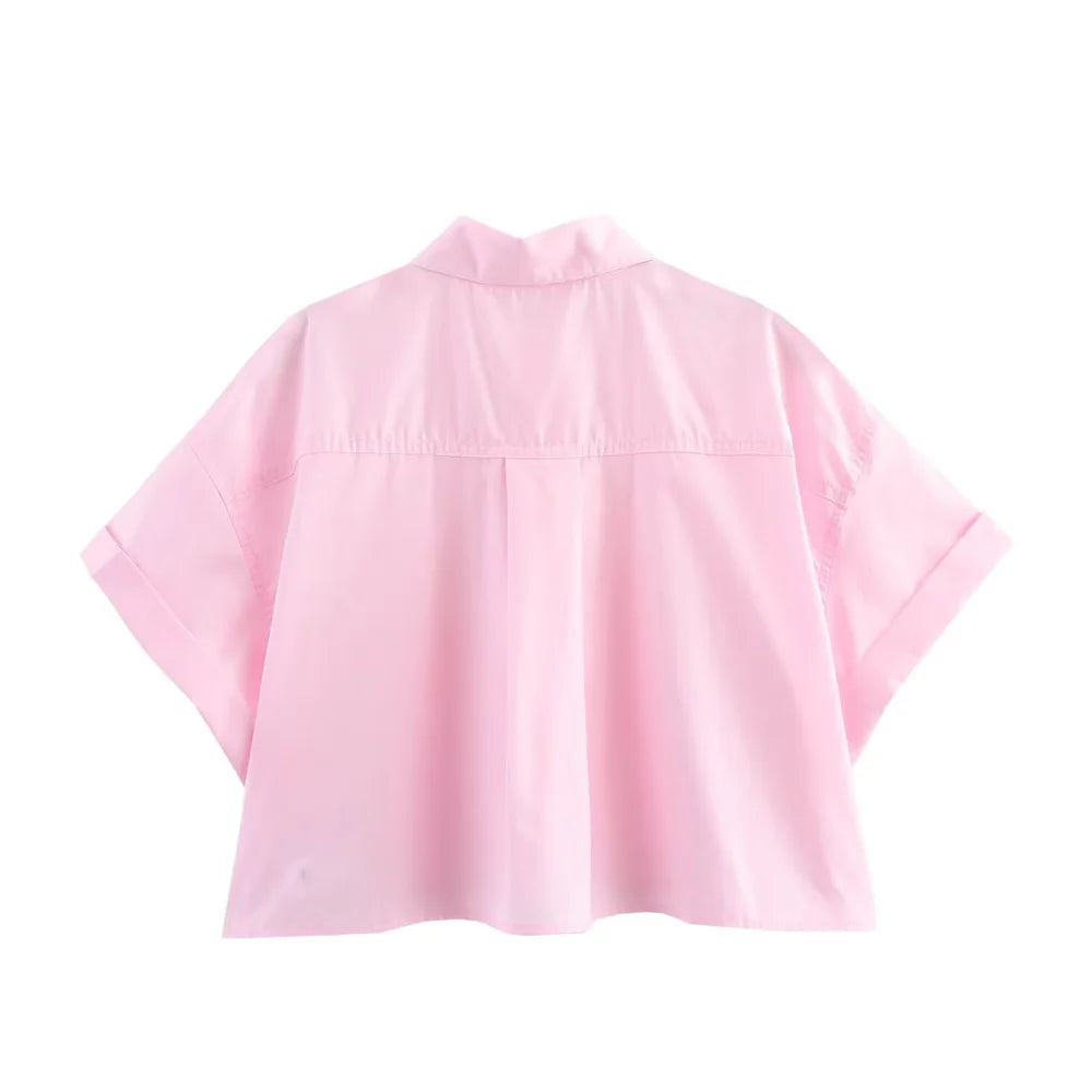 Women's Poplin Short Sleeve Shirt with Elegant Collar Buckle Detail Casual Lightweight Top for Spring and Summer