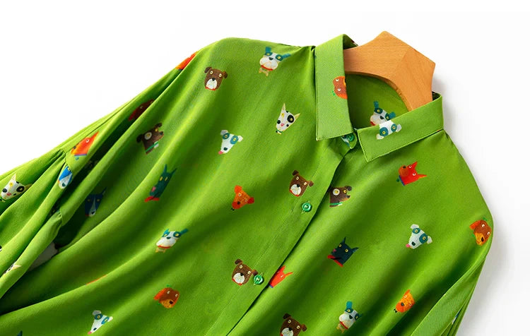 Women Shirt 100 Percent Mulberry Crepe Silk Green Lantern Sleeve Blouse with Cartoon Button Detail