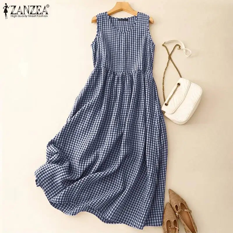 Gingham Midi Dress For Women Vintage Casual Aline Holiday