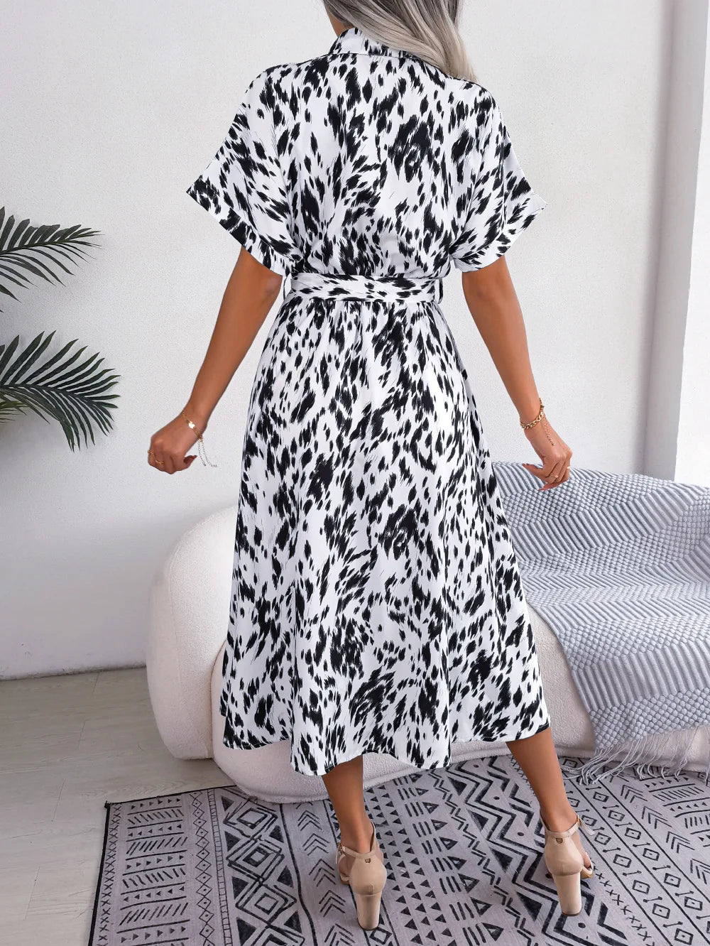 Leopard Print Shirt Dress Lace Up Casual Summer Style