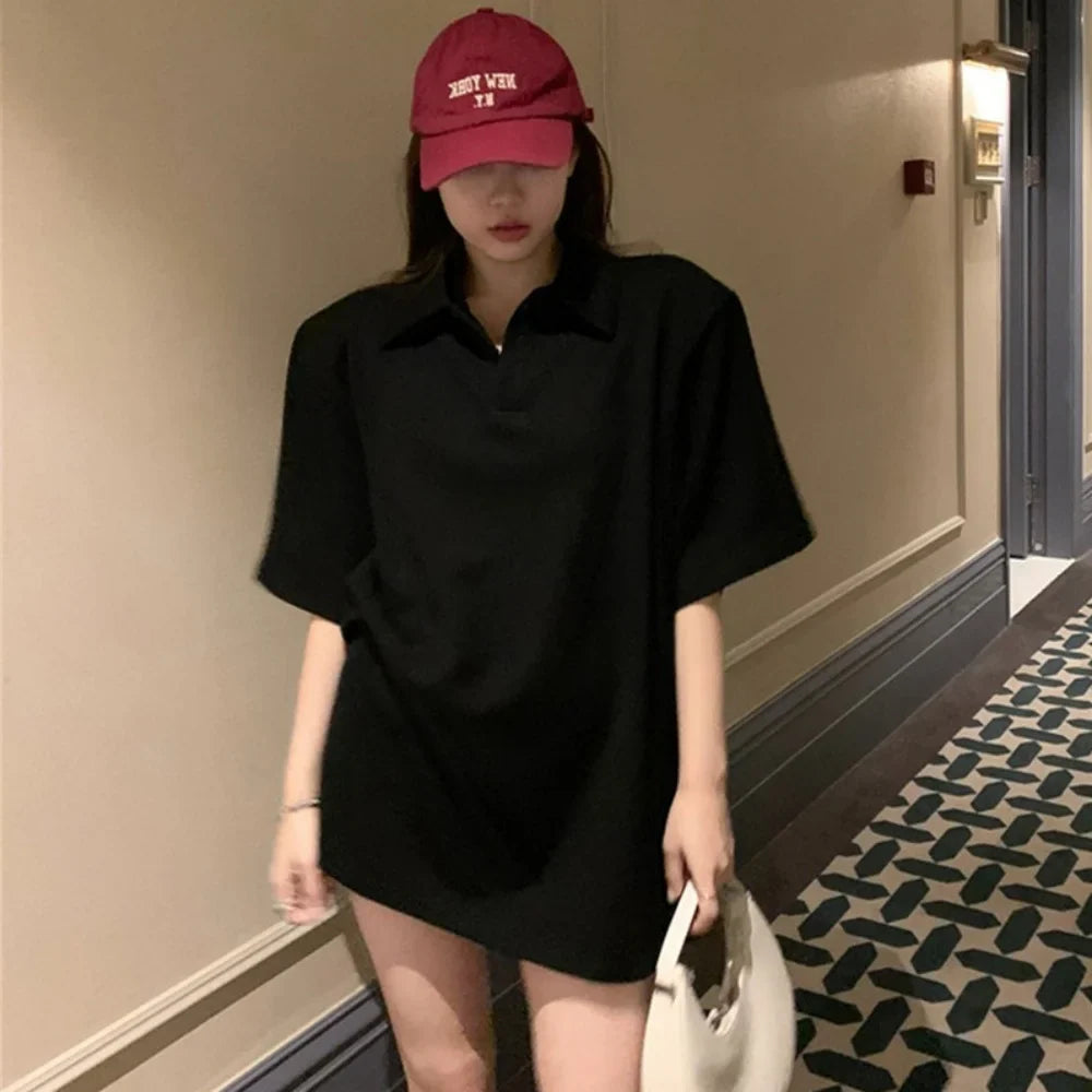 Women's Short Sleeve Polo Shirt Solid Color Loose Fit Summer Casual Large Size Trendy Korean Style Tee