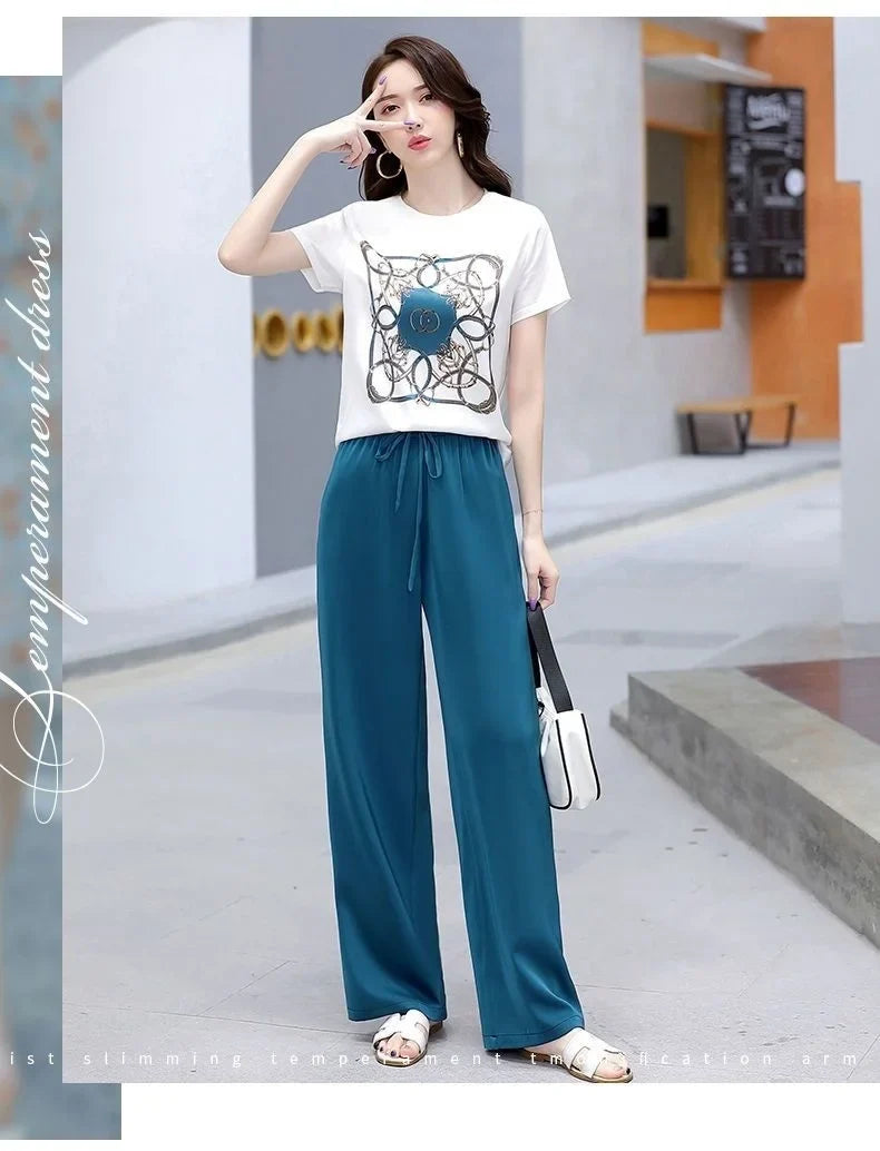 Women's Plus Size Two Piece Suit Set with Short Sleeve Tops and Wide Leg Pants for Casual Summer Fashion