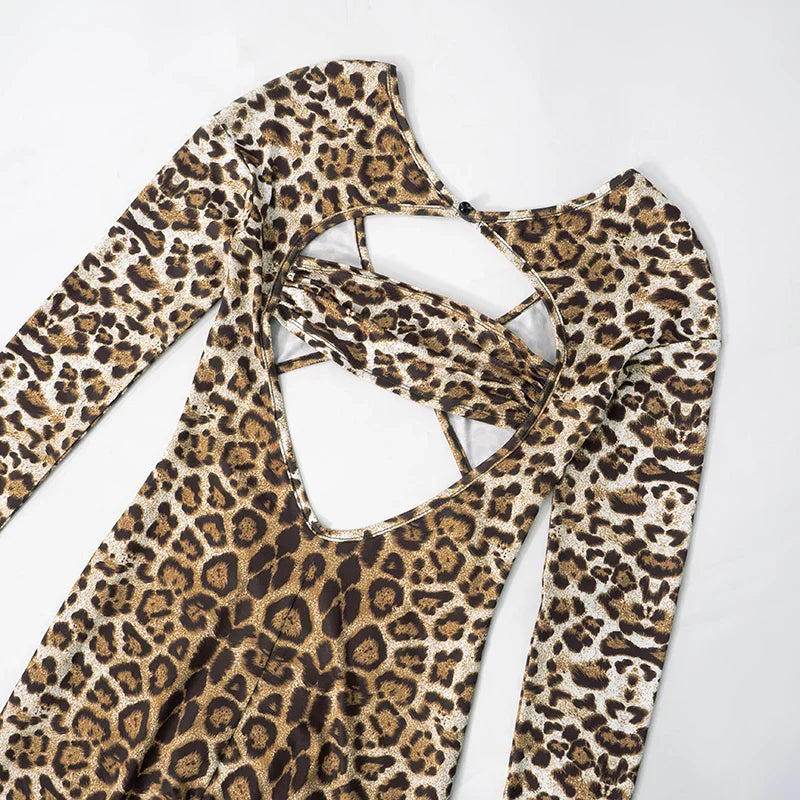 Leopard Print Long-Sleeved Crop Top with High-Waisted Trendy Jumpsuit Sexy Chic Stylish Outfit for Women