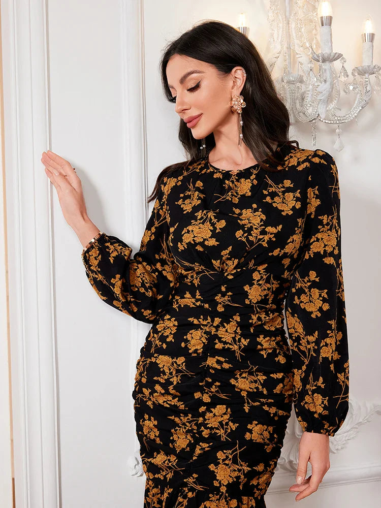 Black Floral Dress for Women Elegant Long Sleeve O Neck