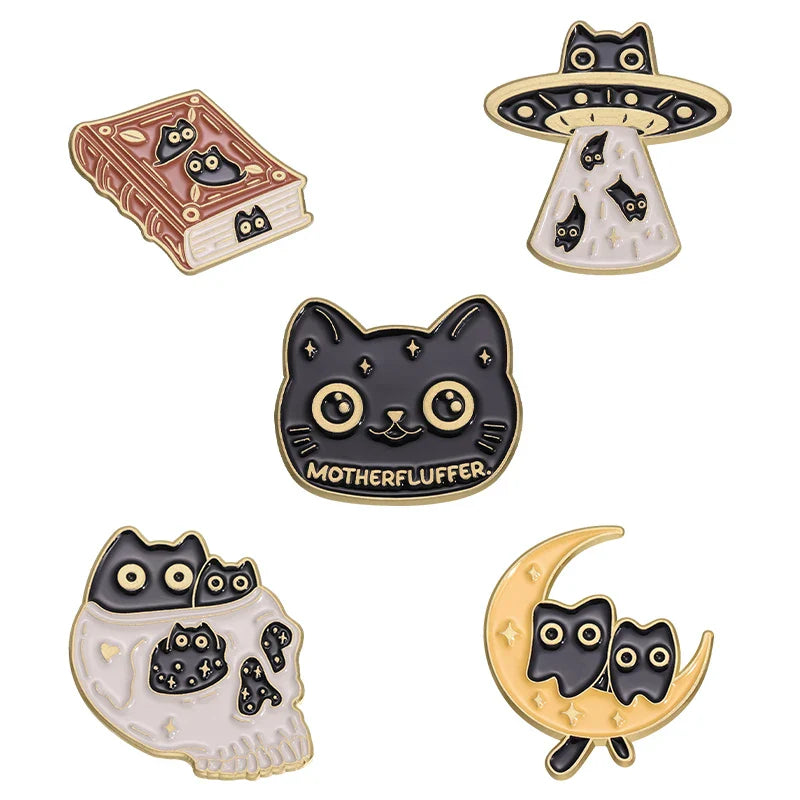 Cute Cat Enamel Pins Set of 4 to 6 Black Fluid Cat Brooches Lapel Badges Unique Animal Jewelry Gift