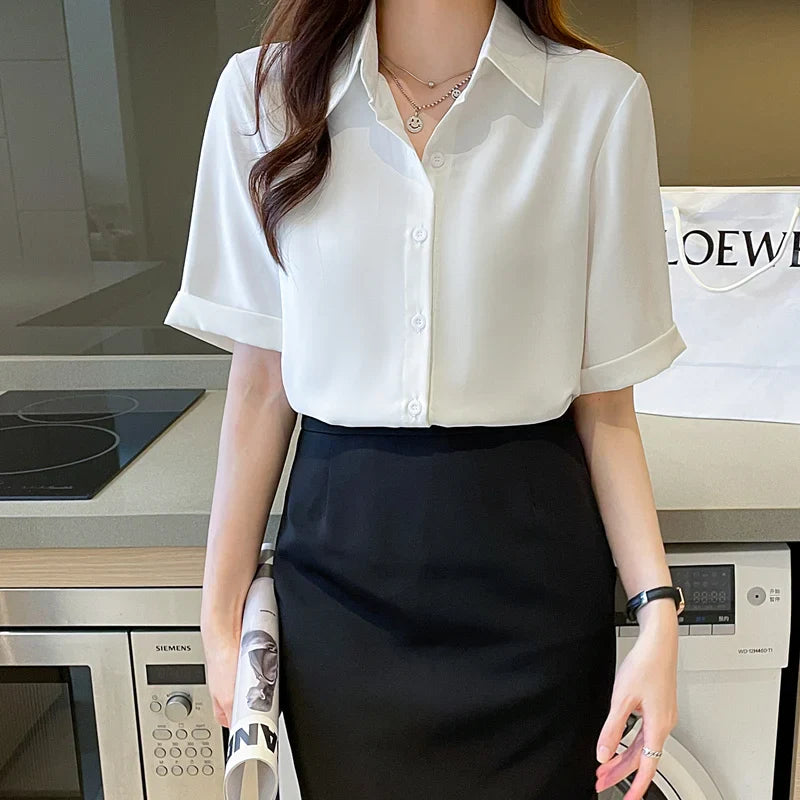 Women's Summer Short Sleeve V-Neck Chiffon Blouse Loose Fit Casual Office Pullover Shirt