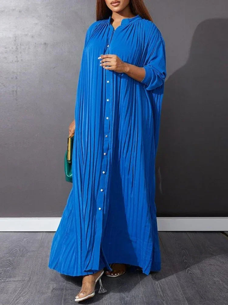 Plus Size Pleated Long Sleeve Dress For Autumn And Winter