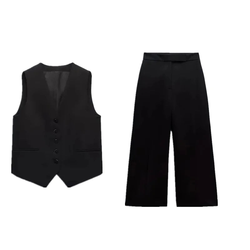 Casual Solid Color V Neck Sleeveless Single Breasted Vest With Elegant Mid Waist Wide Leg Pants Set