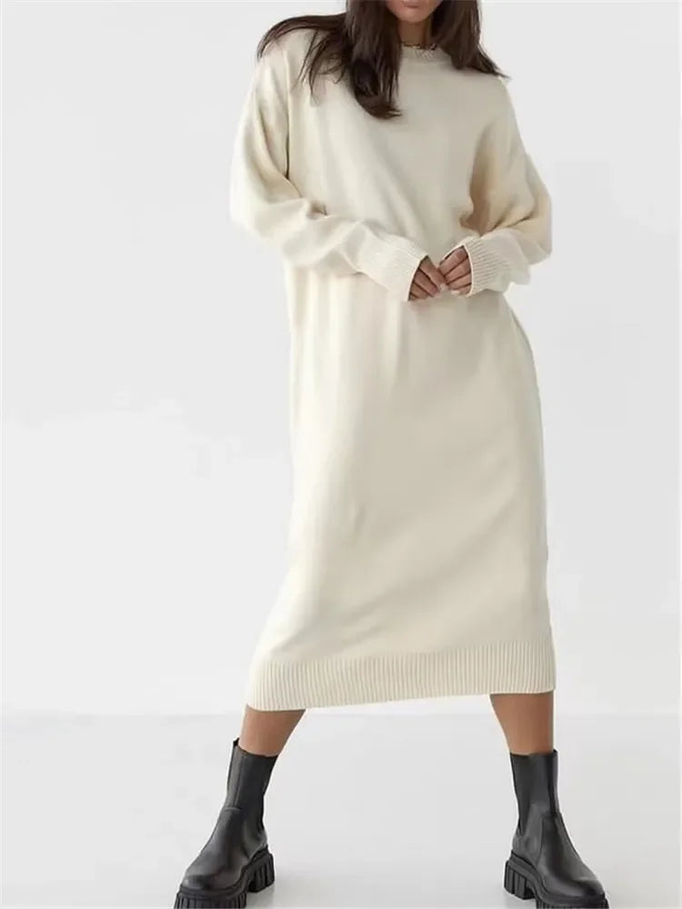 Oversize Knitted Dress for Women Long Sleeve O Neck Casual