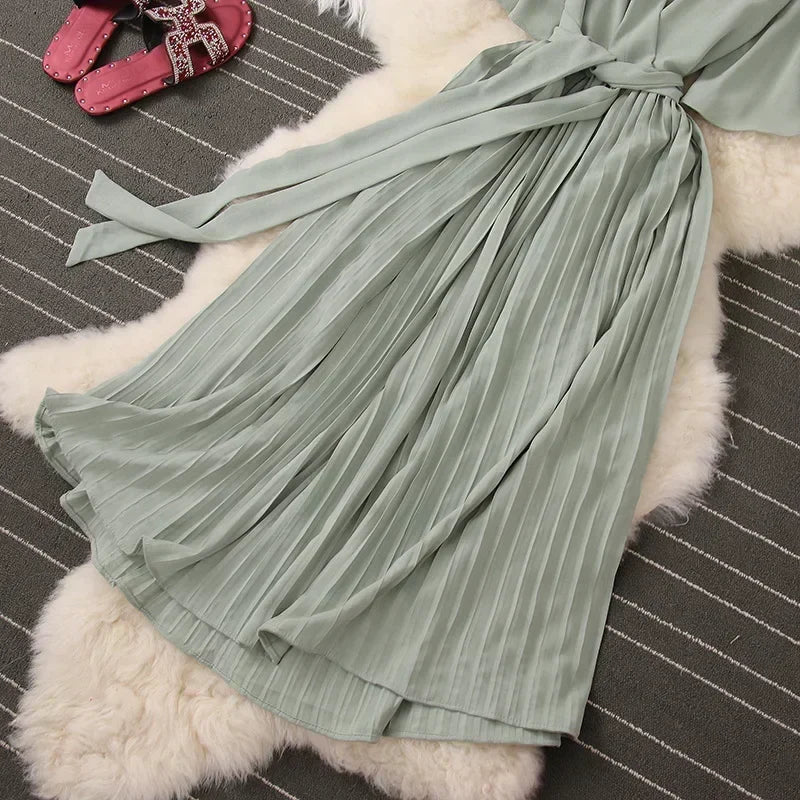 Chiffon Pleated Lace Up V Neck Dress For Women Summer