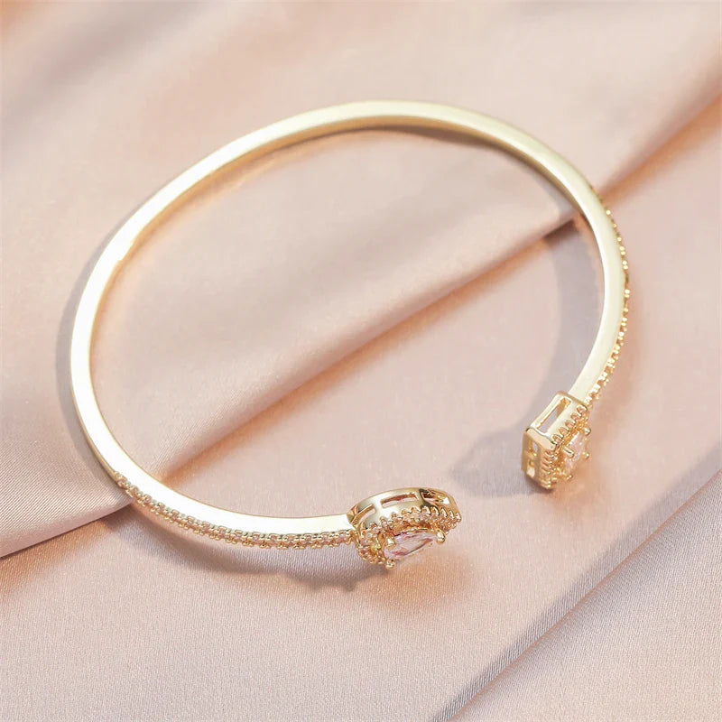 Geometric Gold Color Cuff Bangle with Cubic Zirconia for Women Fashion Jewelry