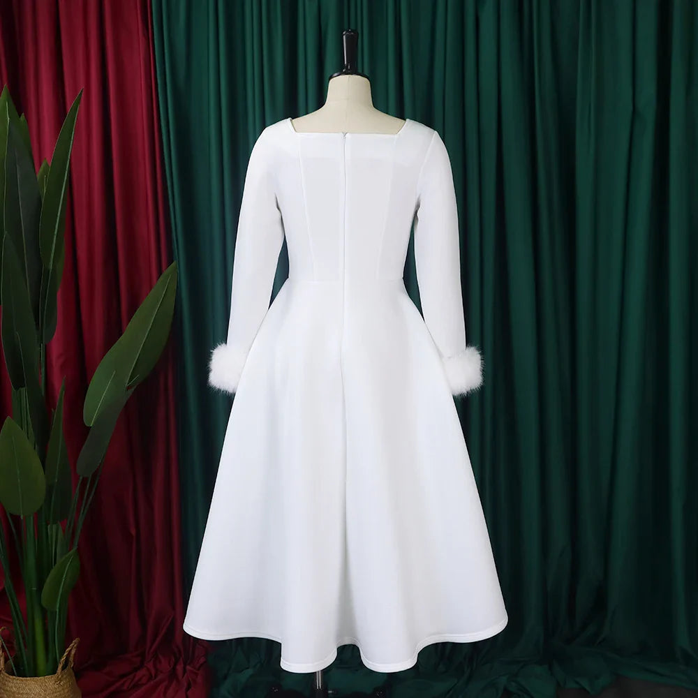 Square Neck Party Dress Women Pleated A Line Mid Calf