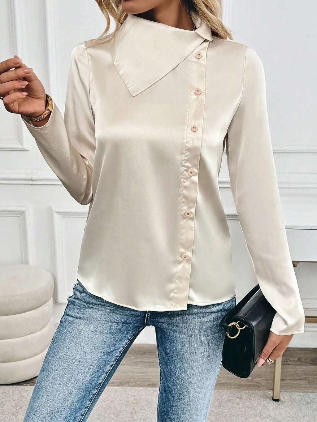 Elegant Asymmetrical Profiled Lapel Long Sleeve H-Line Fall Winter Shirt for Women