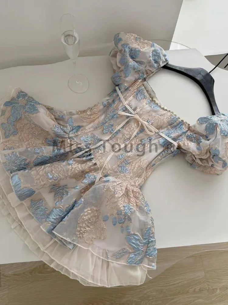 Square Neck Dress Women Boho Print Mini Dress Beach Style