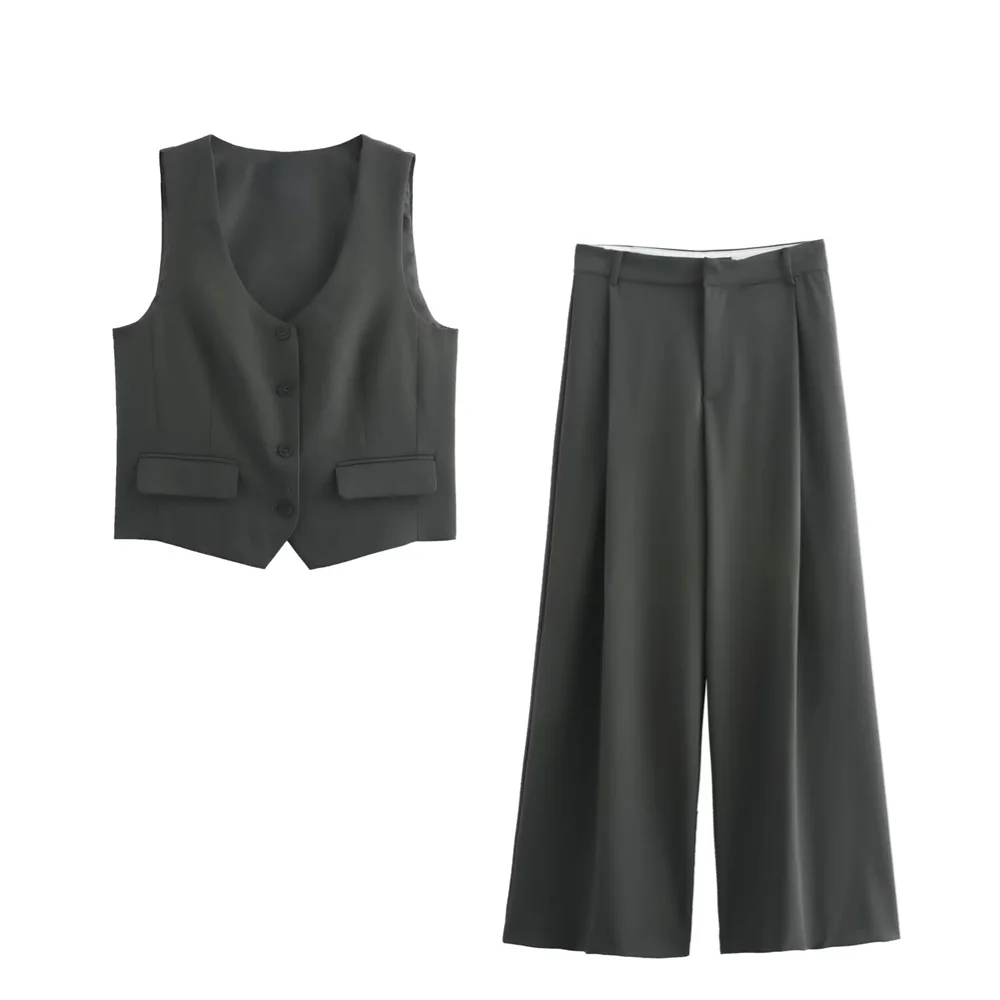 Fashionable Women's Slim Fit Vest and High Waisted Pleated Pants Set for Versatile Commuting Style