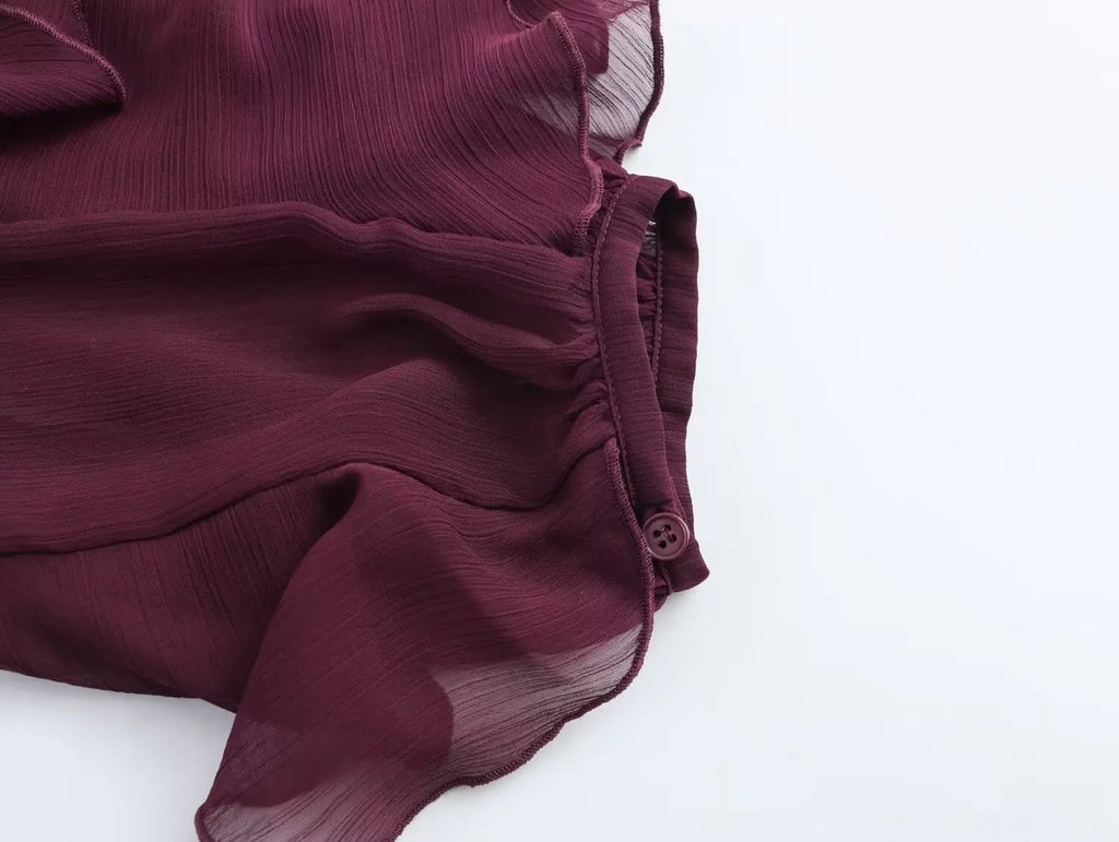 Sexy Translucent Ruffle Blouse for Women V Neck Single Breasted Tiered Casual Beach Shirt