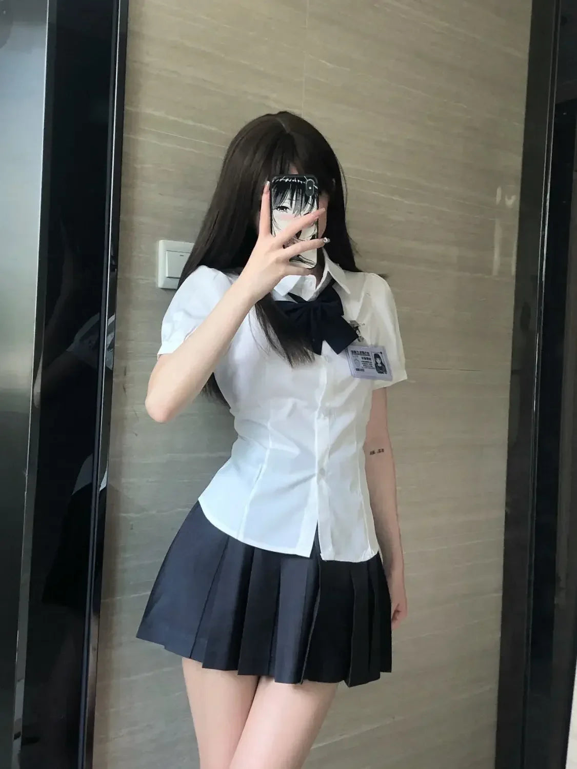 Slim Fit White Short Sleeve Blouse for Women with Sweet Bow Tie Neck Preppy JK Style Shirt