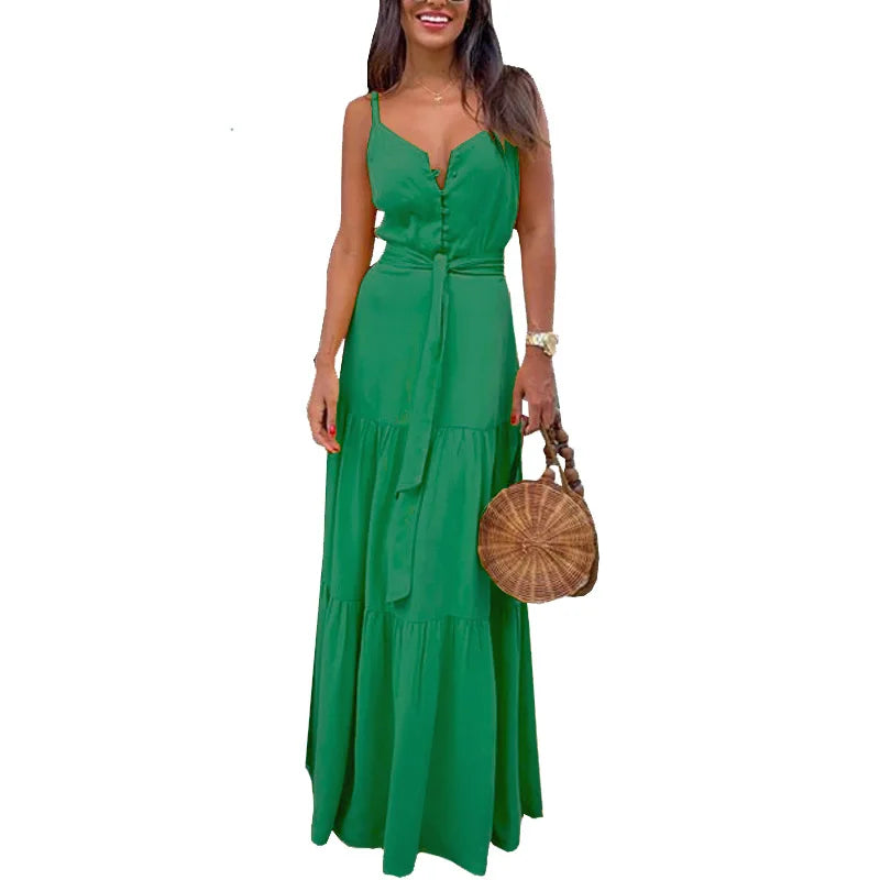 Summer Spaghetti Strap Backless V Neck Sundress For Women