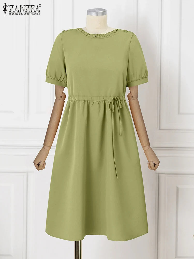 Korean Style Ruffle Midi Sundress With Belt And Pockets