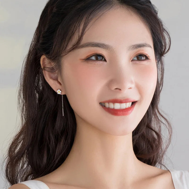 Silver Daisy Flower Long Wire Tassel Earrings with Crystal Zircon for Women