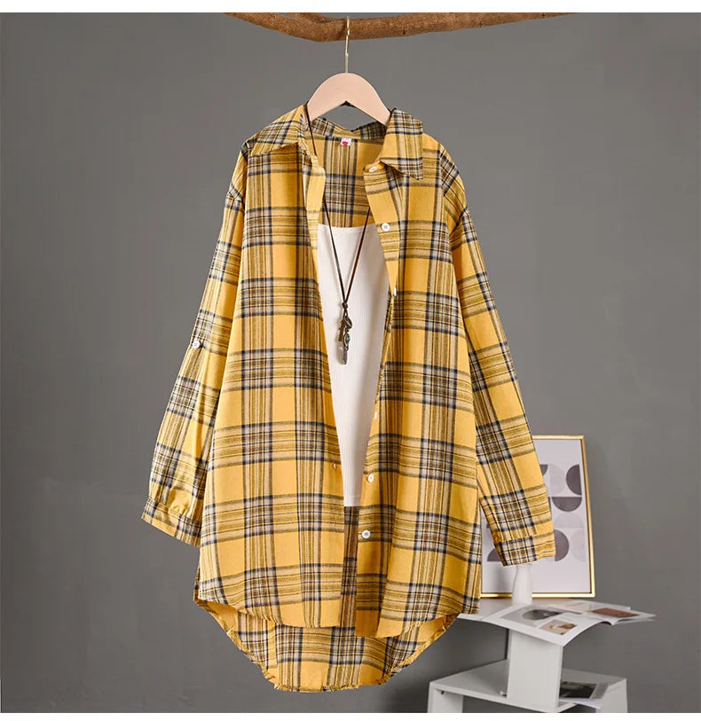 Women's Lightweight Cotton Linen Plaid Shirt Mid-Length Loose Jacket with Sun Protection for Spring and Summer Outerwear