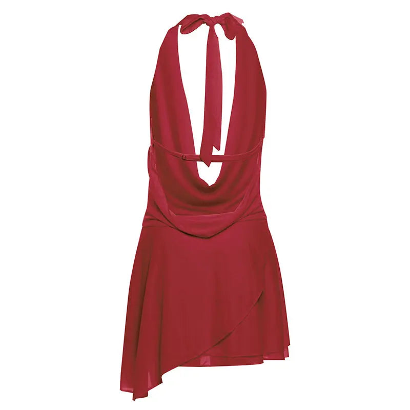 Summer Mini Dress Solid Sleeveless Backless V Neck Halter