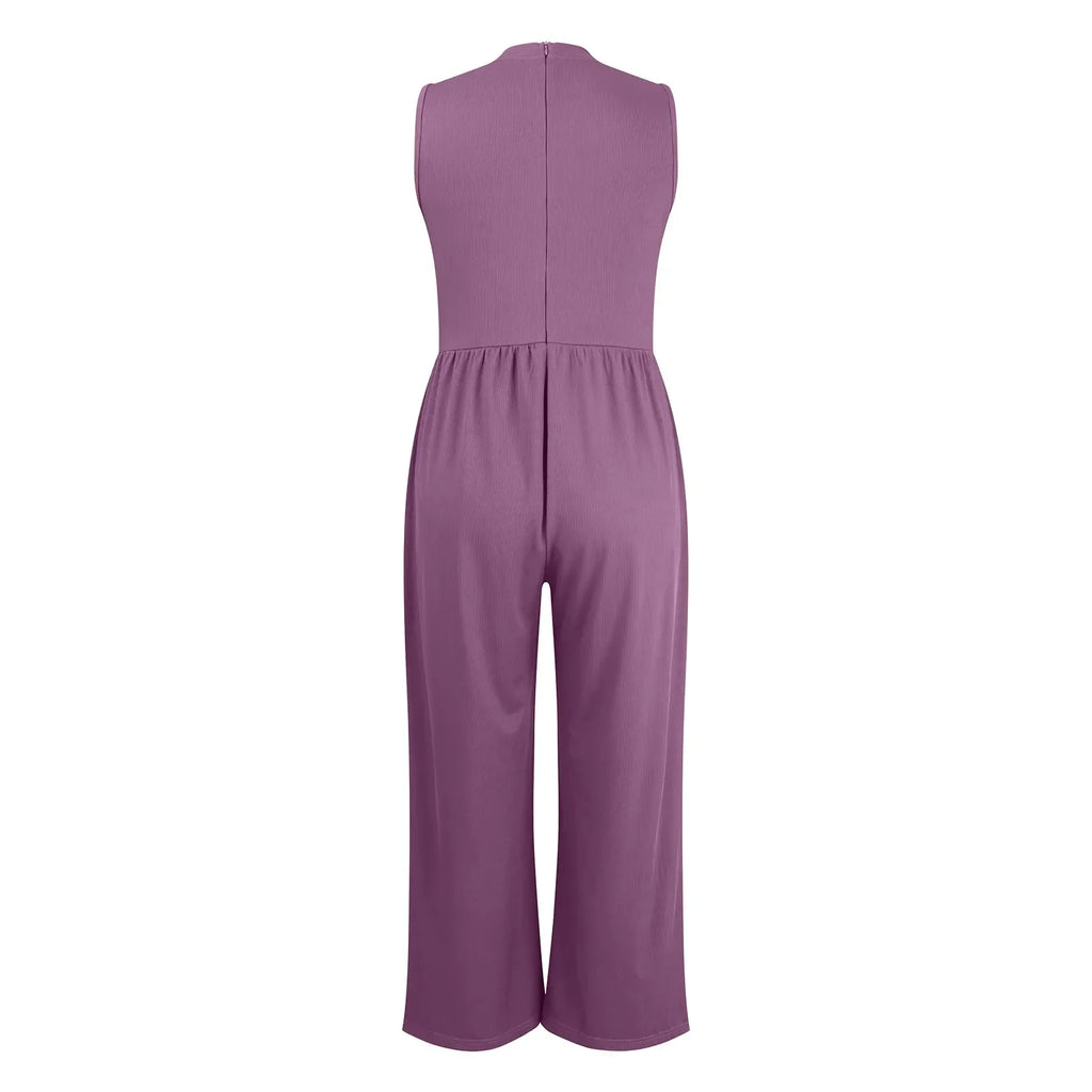 Women Sleeveless High Neck Ribbed Tank Top Jumpsuit Wide Leg Pants Romper with Tummy Control and High Waist Casual Summer Outfit