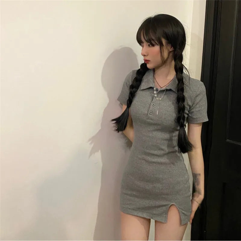 Women Summer Dress Short Sleeve Mini Turn Down Collar