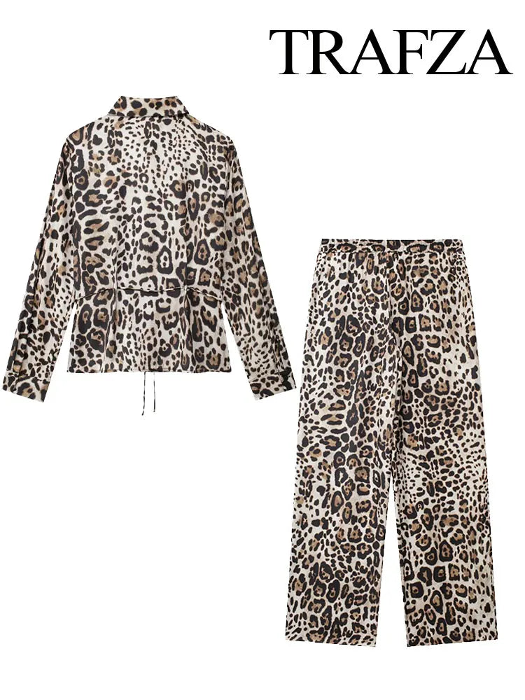 Chic Animal Print Button-Up Shirt and High Waist Zip Pants Set for Women