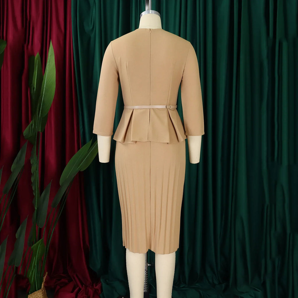 V Neck Office Sheath Dress For Women Belted Midi Style