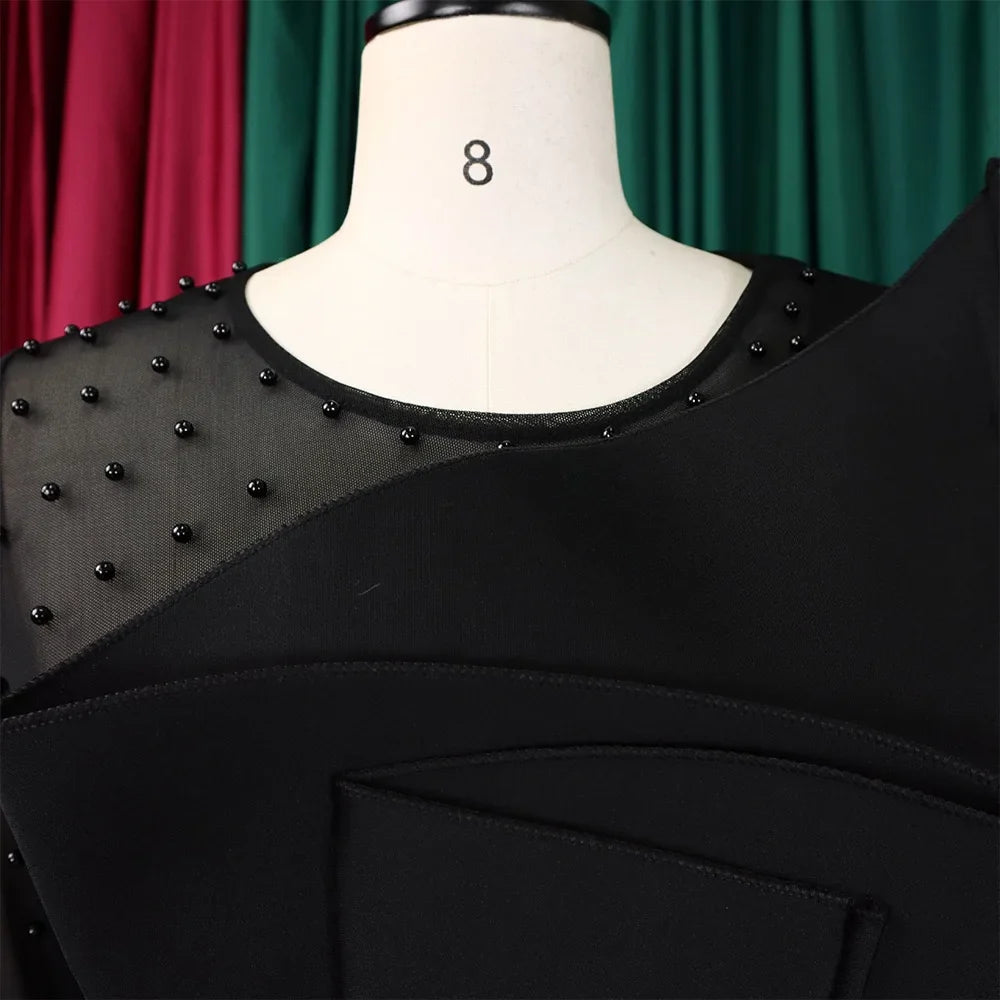 Elegant High Waisted Jumpsuit for Women with Round Neck Beaded Detail and Transparent Sleeves Perfect for Birthday Parties and Special Occasions