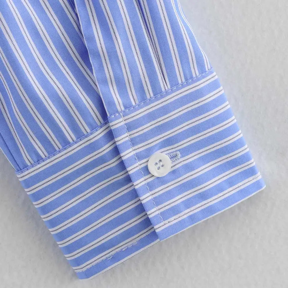 Women's Chic Striped Crop Shirt Long Sleeve Button-Up Blouse with Pockets Casual Fashion Top