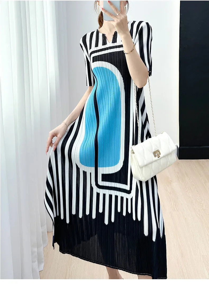 Pleated Striped Dress For Women O Neck Short Sleeve