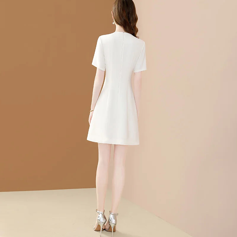 White Floral Embroidery A-Line Dress Short Sleeve Chic