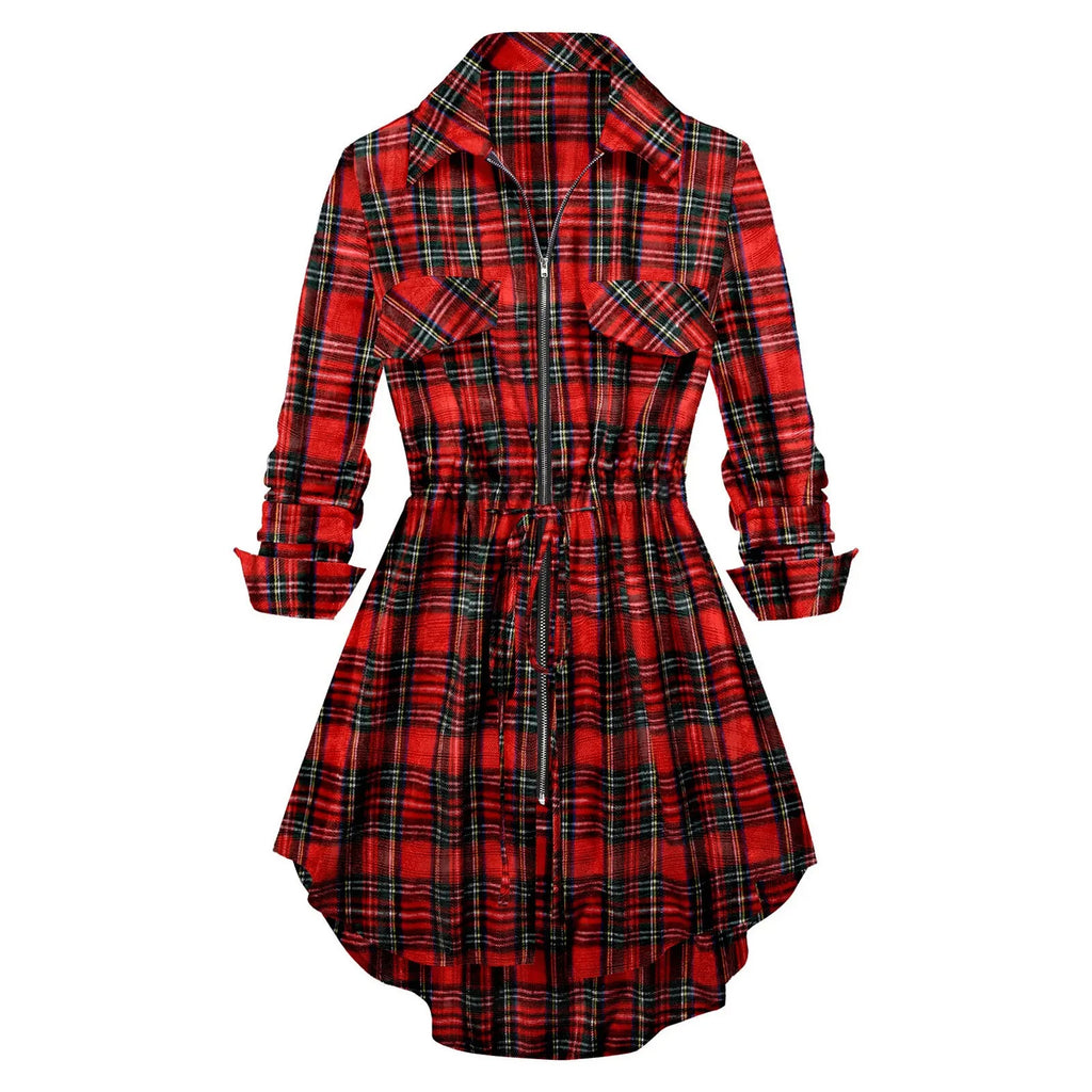 Vintage Plaid Midi Dress For Fall With Zip Up Long Sleeve