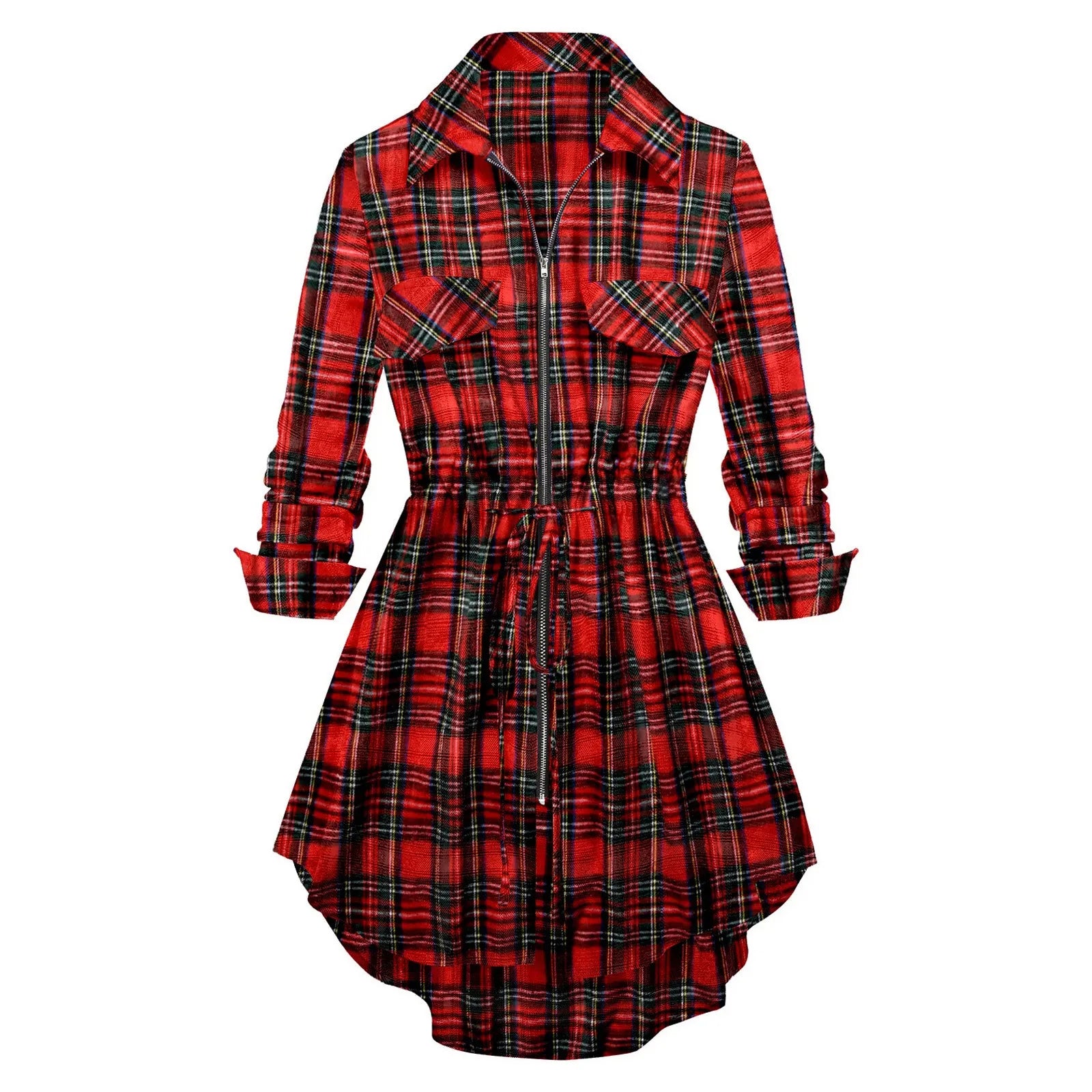 Vintage Plaid Midi Dress For Fall With Zip Up Long Sleeve