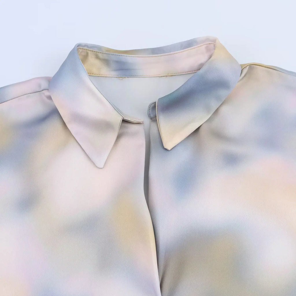 Women's Tie Dye Texture Vertical Collar Shirt with High Waist Slimming Skirt Set Spring Casual Chic Elegant Outfit